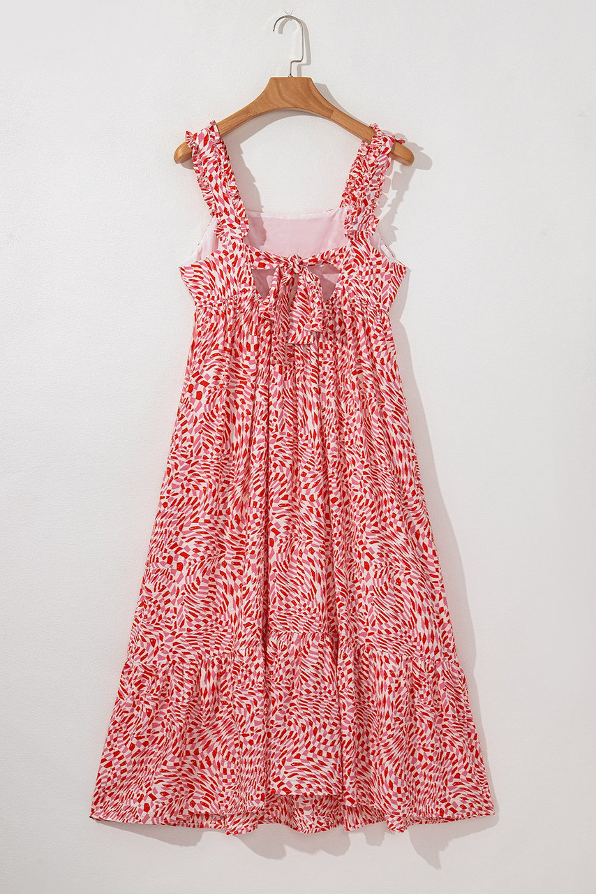 Pink Geometric Print Knot Back Sleeveless Ruffle Hem Dress