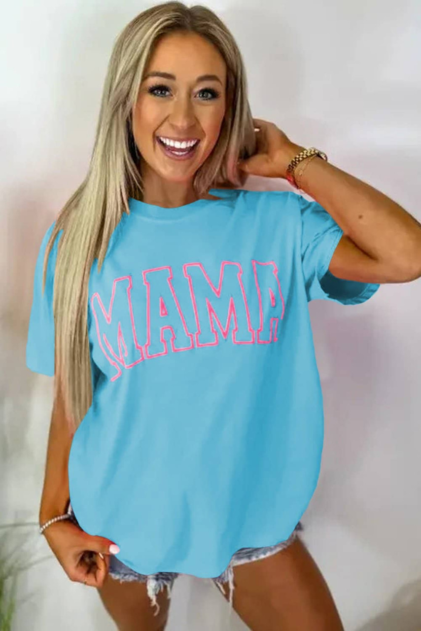 Light Blue MAMA Letter Graphic Neon T Shirt Light Blue MAMA Letter Graphic Neon T Shirt