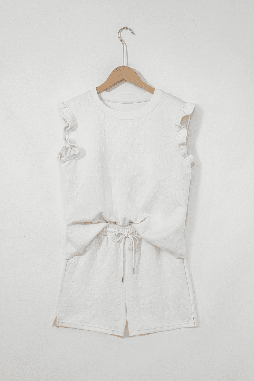 White Bow Jacquard Ruffle Sleeve Short 2pcs Outfit