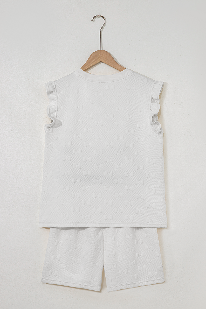 White Bow Jacquard Ruffle Sleeve Short 2pcs Outfit