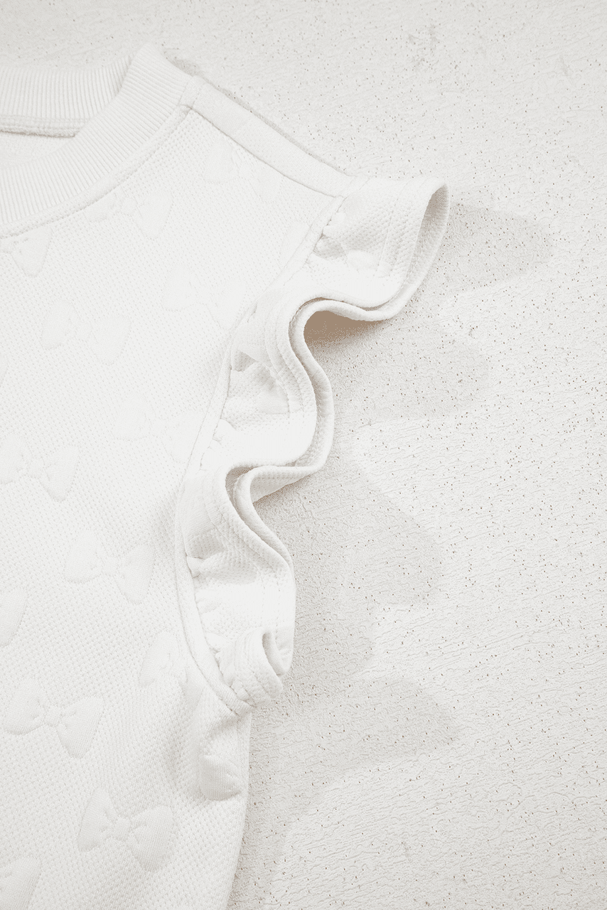 White Bow Jacquard Ruffle Sleeve Short 2pcs Outfit