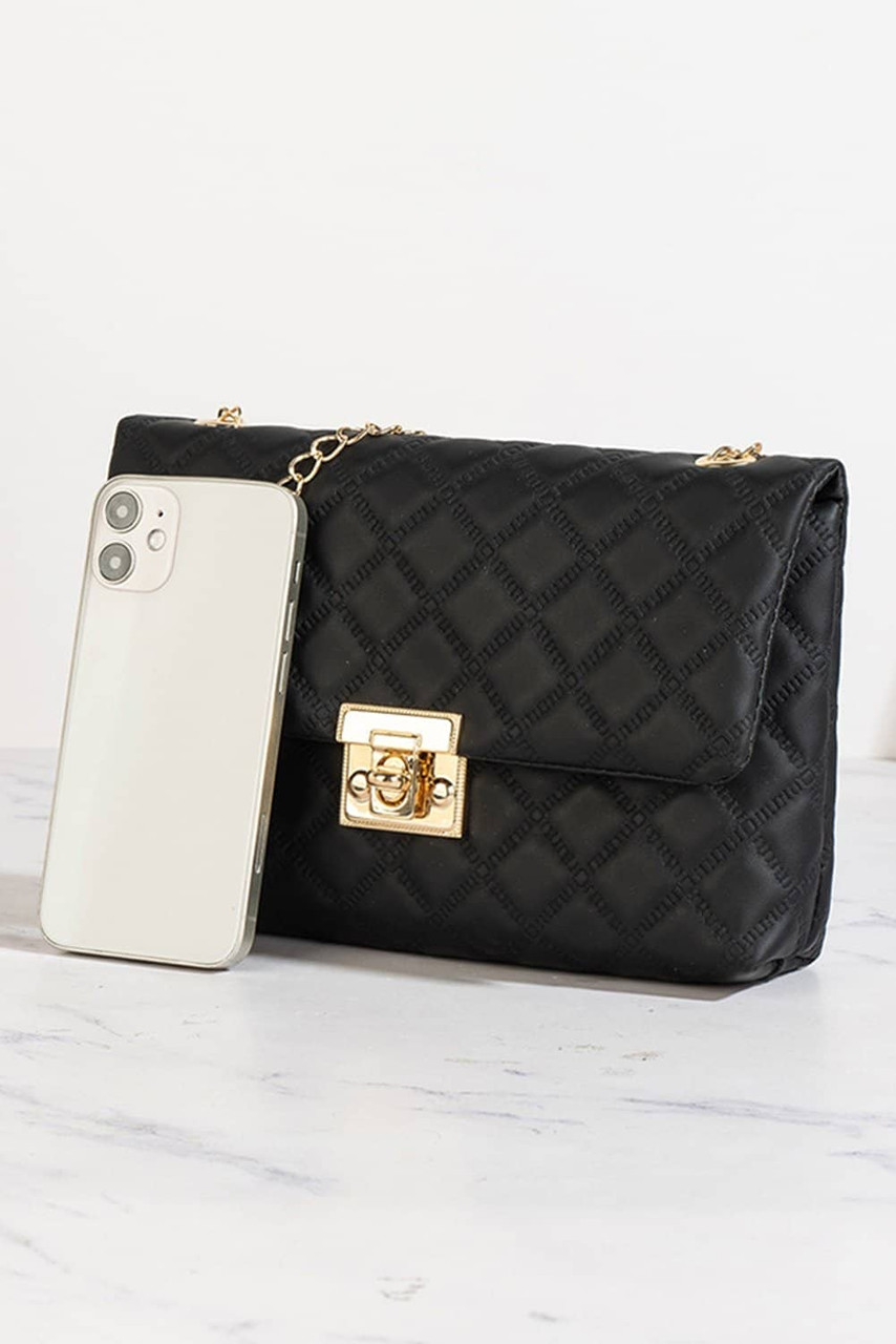 Black Textured PU Leather Gold Chain Buckle Single Shoulder Bag