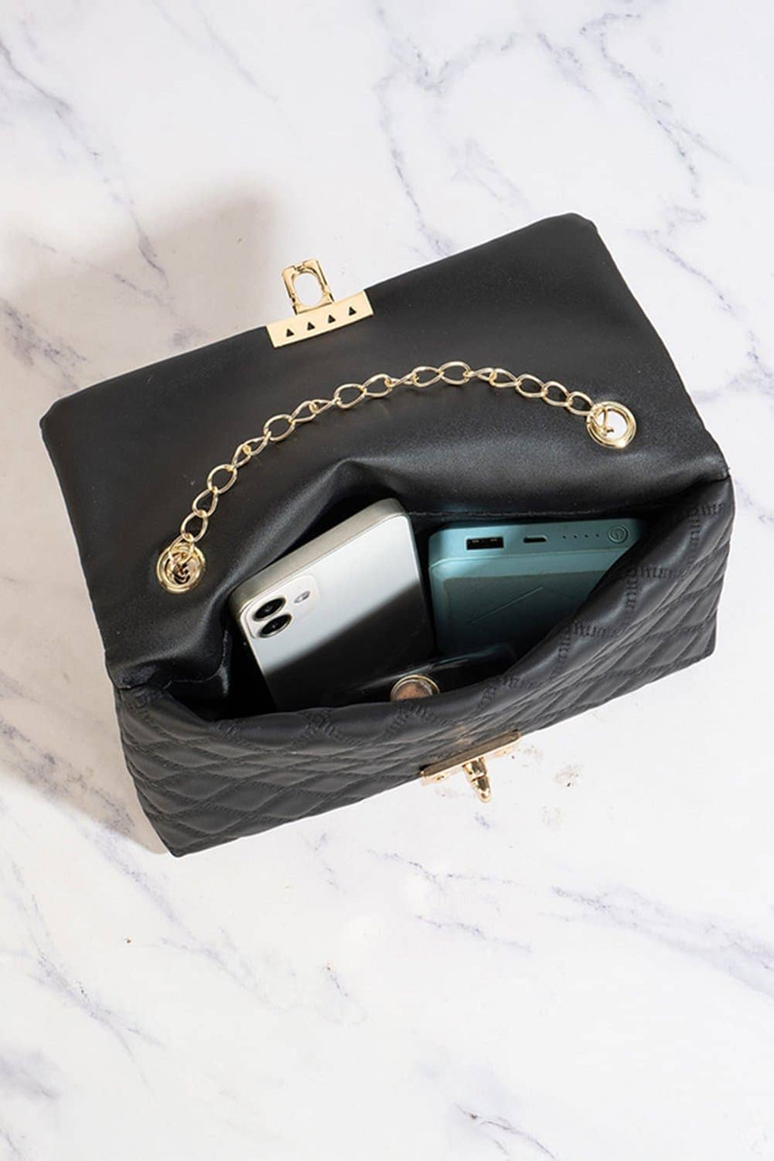 Black Textured PU Leather Gold Chain Buckle Single Shoulder Bag