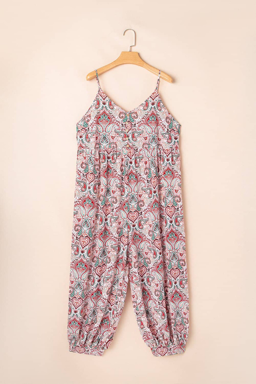 Multicolour Plus Size Paisley Print Sleeveless V Neck Jogger Jumpsuit