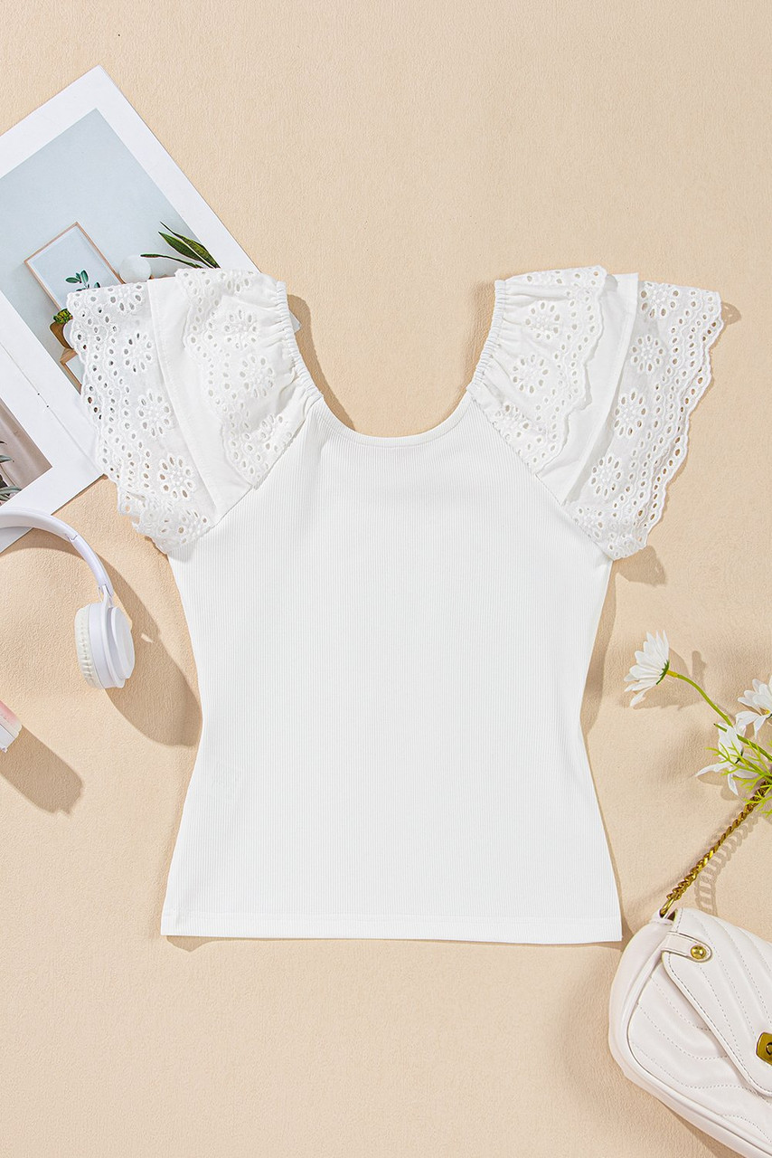 White Eyelet Ruffle Sleeve Slim Fitted Top