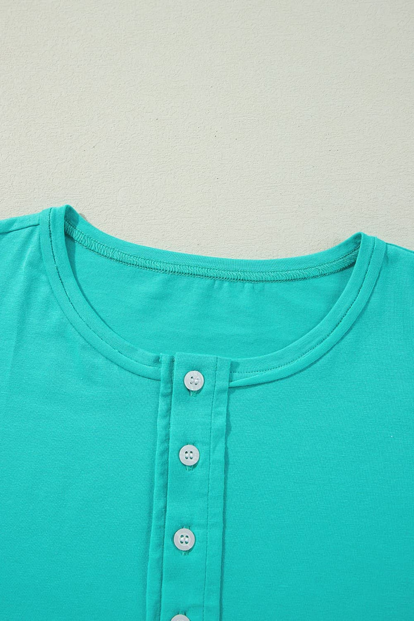 Mint Green Solid Color Half Sleeve Buttons Henley Top