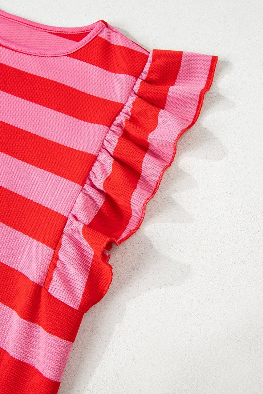 Red Stripe Flutter Sleeve Round Neck T Shirt