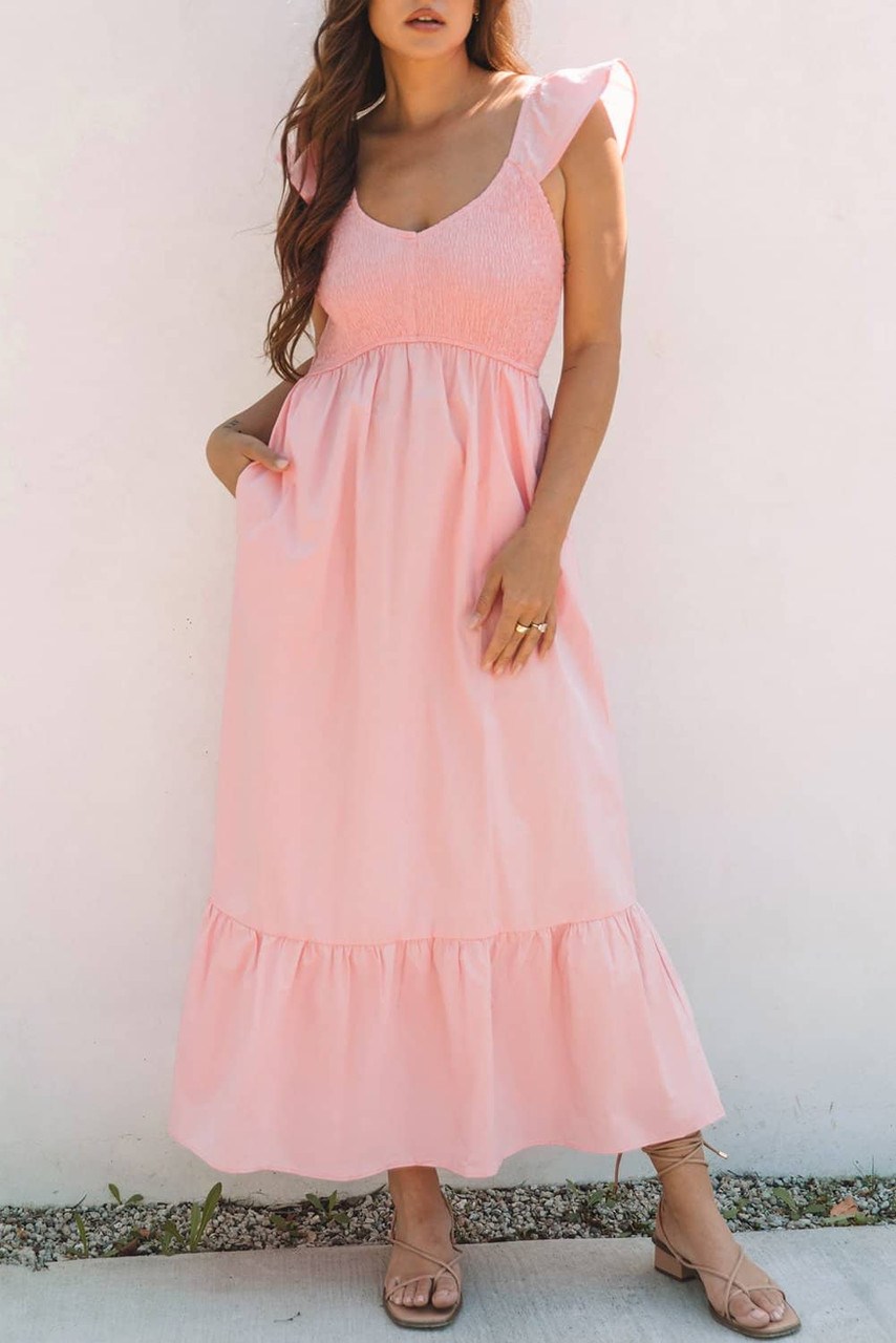 Pink V Neck Flutter Sleeve Smocked Bodice High Waist Ruffle Maxi Dress