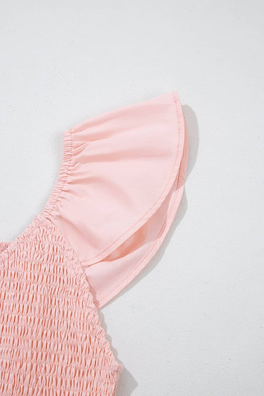 Pink V Neck Flutter Sleeve Smocked Bodice High Waist Ruffle Maxi Dress