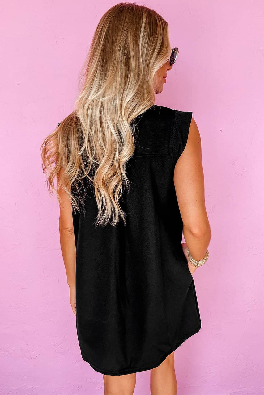 Black Sequin Patched V Neck Collared Mini Dress