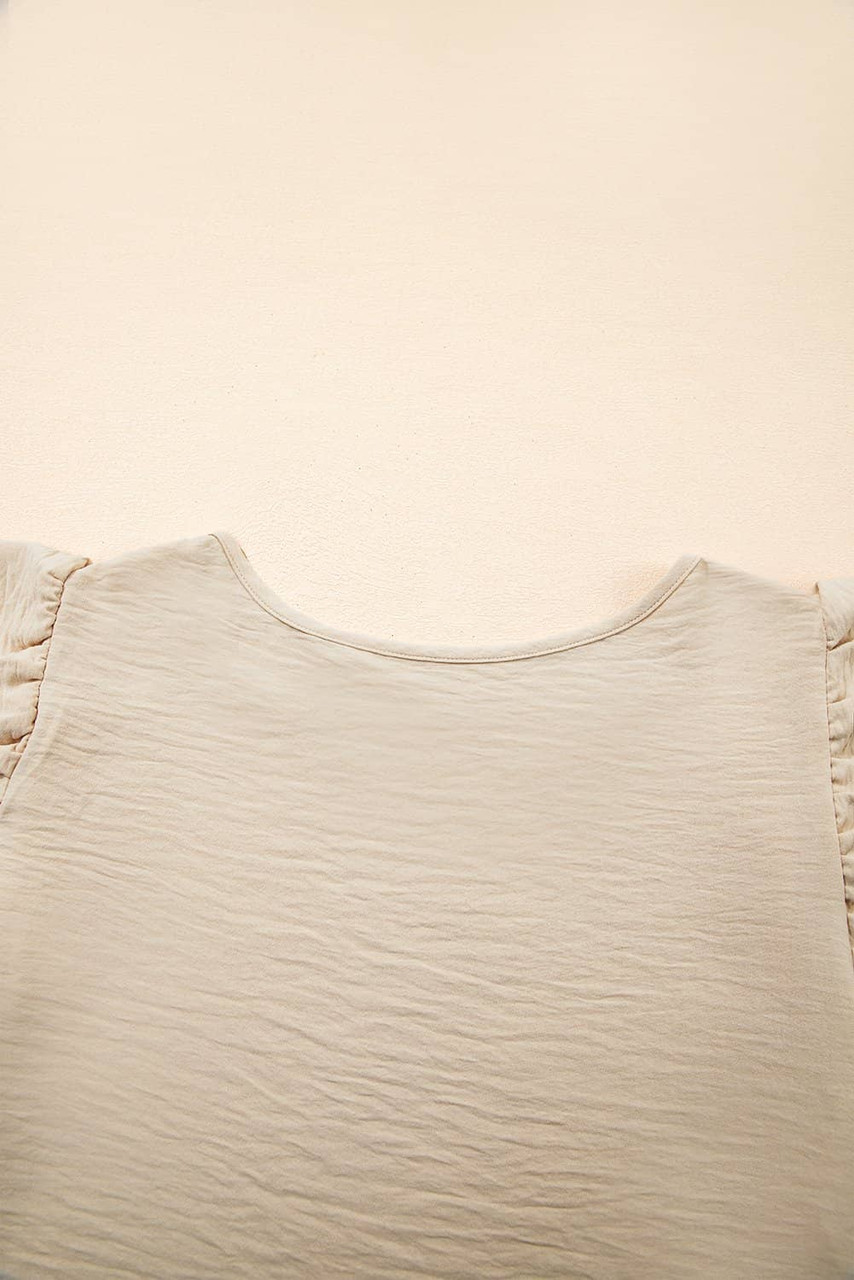 Beige Solid Color Ruffled Short Sleeve Casual Blouse