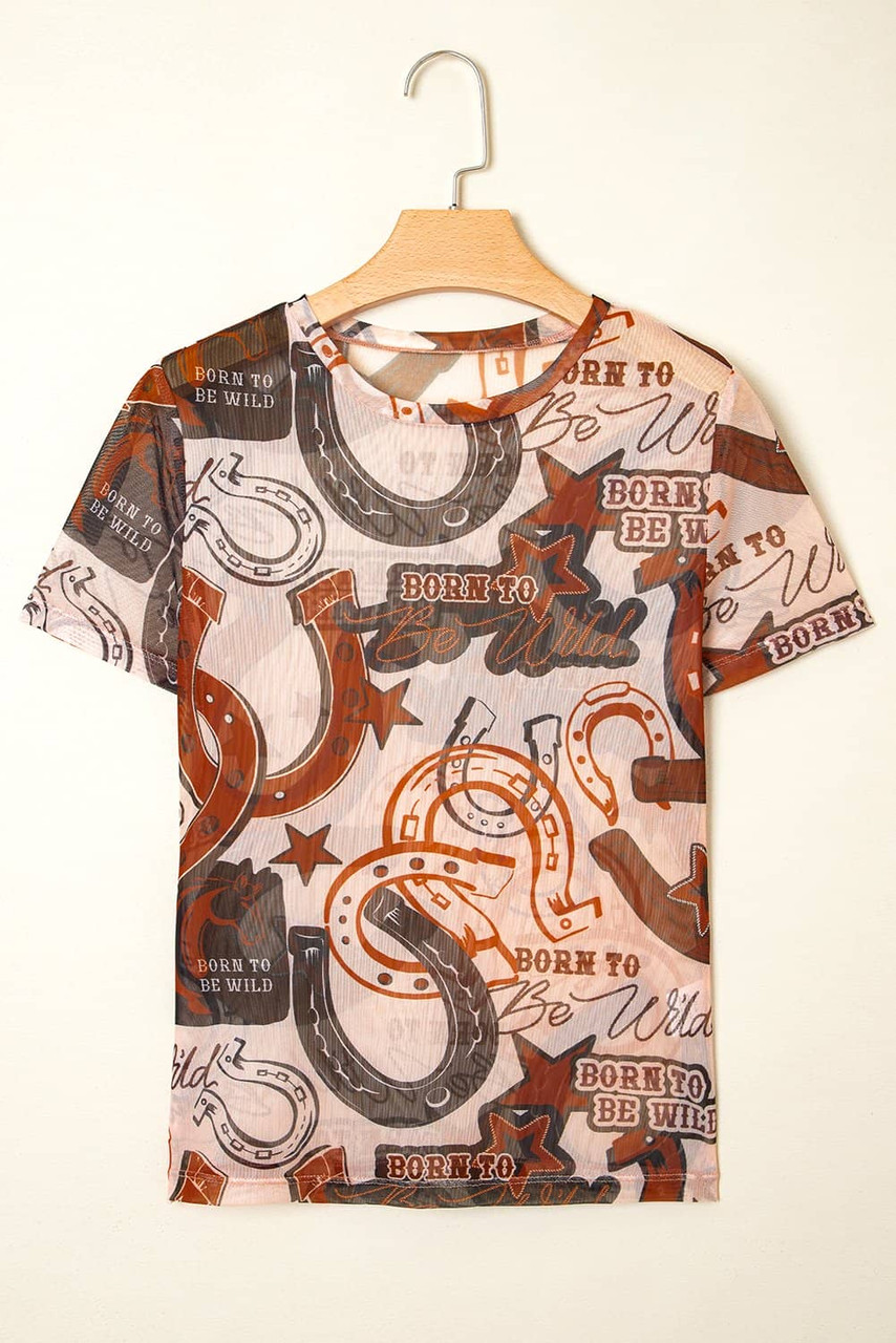 Brown Western Horseshoe Printed Mesh T Shirt