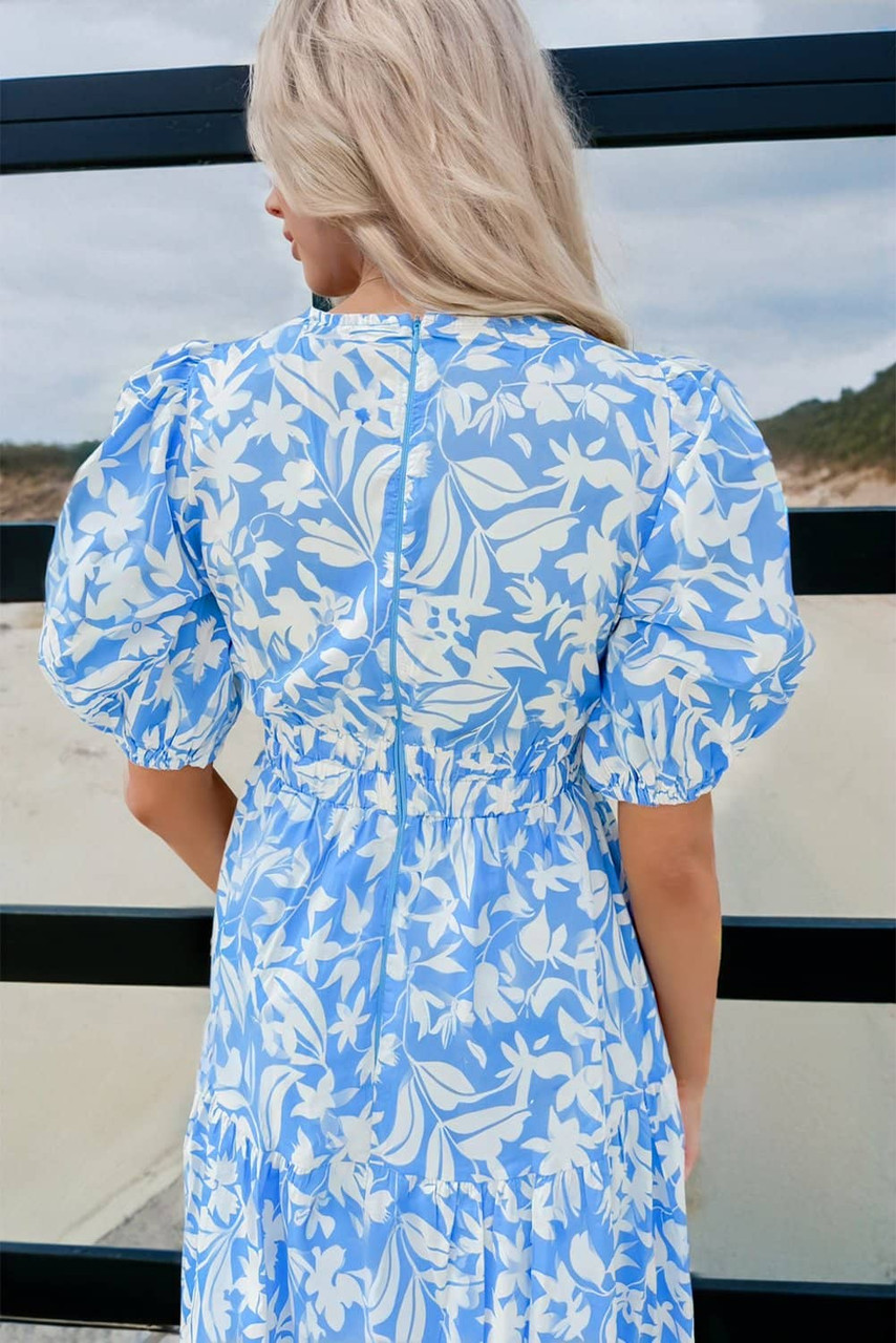 Sky Blue Floral V Neck Puff Short Sleeve Flowy Long Dress Sky Blue Floral V Neck Puff Short Sleeve Flowy Long Dress