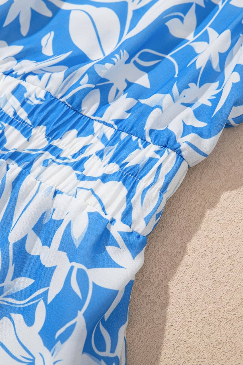 Sky Blue Floral V Neck Puff Short Sleeve Flowy Long Dress Sky Blue Floral V Neck Puff Short Sleeve Flowy Long Dress