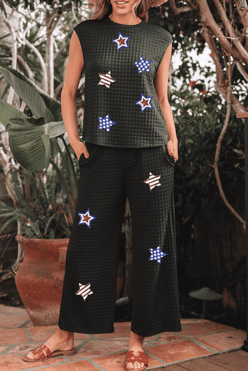 Color black Sequined Star Textured Cap Sleeve Tee and Cropped Wide Leg Pants Set