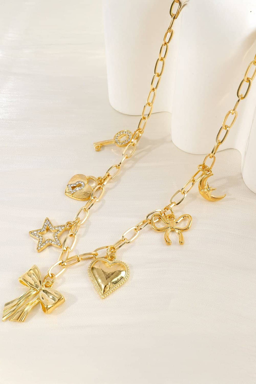 Gold Bow Heart Star Key Charm Alloy Adjustable Chain Necklace