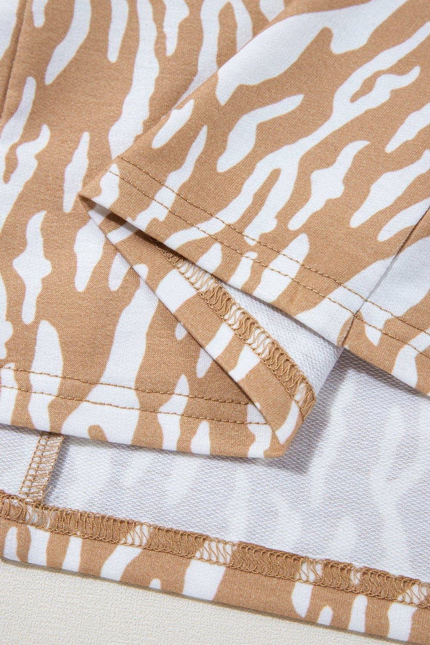 Khaki Abstract Print V Neck Short Sleeve Shift T Shirt Dress