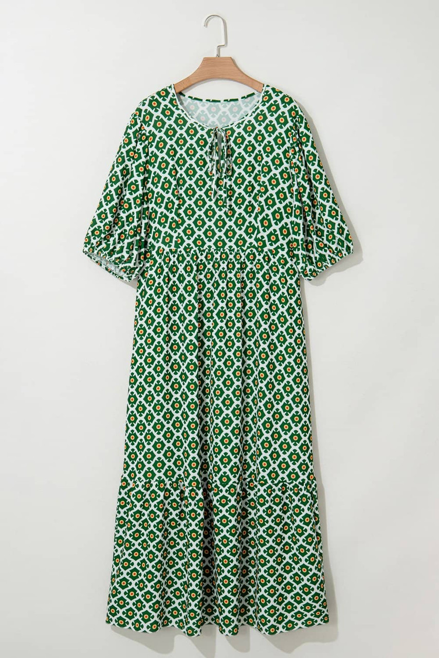 Green Geometric Floral Print Half Sleeve Plus Size Maxi Dress