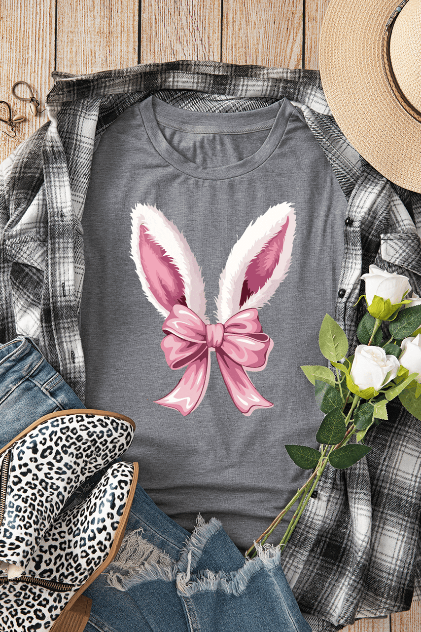 Gray Bunny Ear Bow Printed Easter Fashion T Shirt