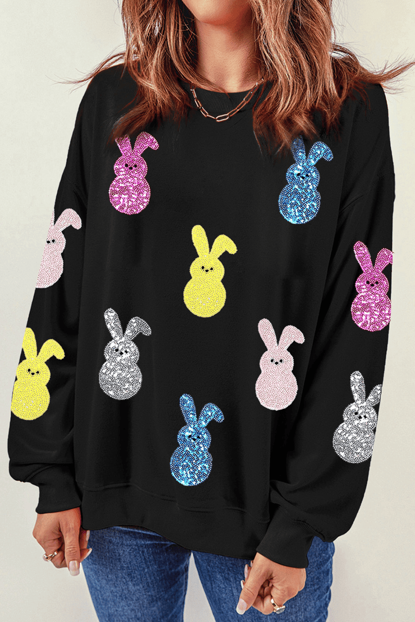 Black Sequin Bunny Doll Graphic Drop Shoulder Sweatshirt Black Sequin Bunny Doll Graphic Drop Shoulder Sweatshirt