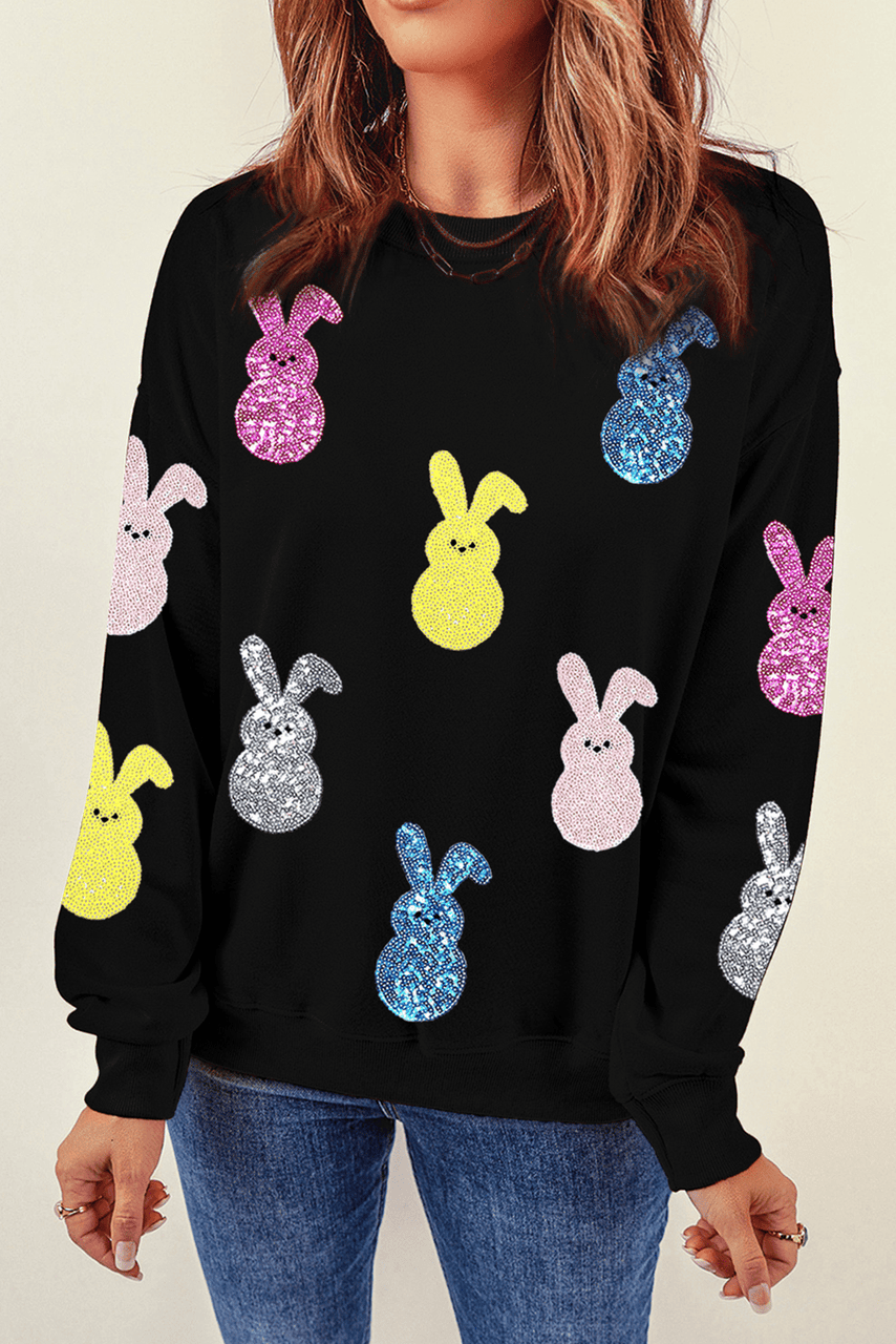 Black Sequin Bunny Doll Graphic Drop Shoulder Sweatshirt Black Sequin Bunny Doll Graphic Drop Shoulder Sweatshirt