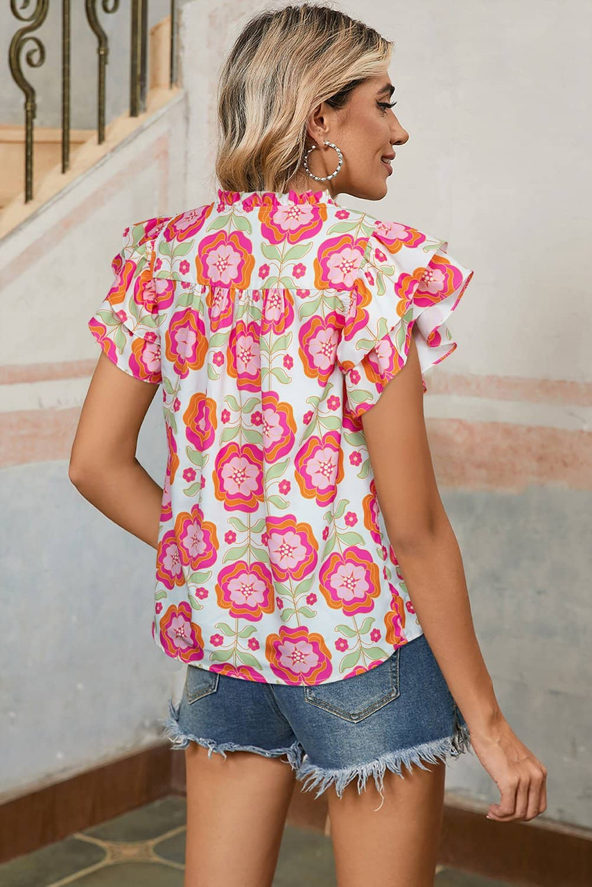 Rose Floral Ruffled Sleeve Ric-rac Trim Split Neck Loose Blouse Rose Floral Ruffled Sleeve Ric-rac Trim Split Neck Loose Blouse