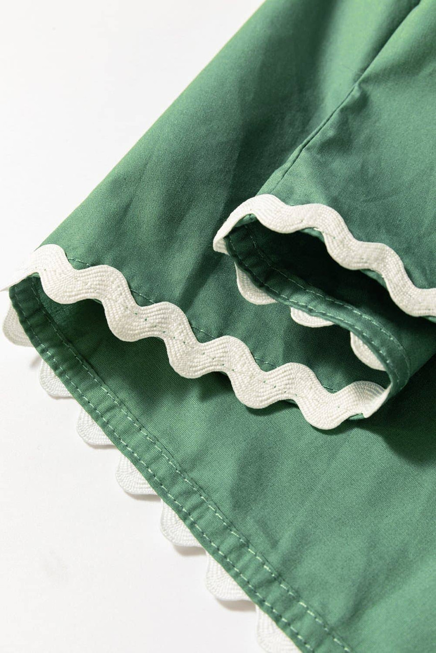 Mist Green Ric Rac Trim Tie Split Neck Short Sleeve Blouse Mist Green Ric Rac Trim Tie Split Neck Short Sleeve Blouse
