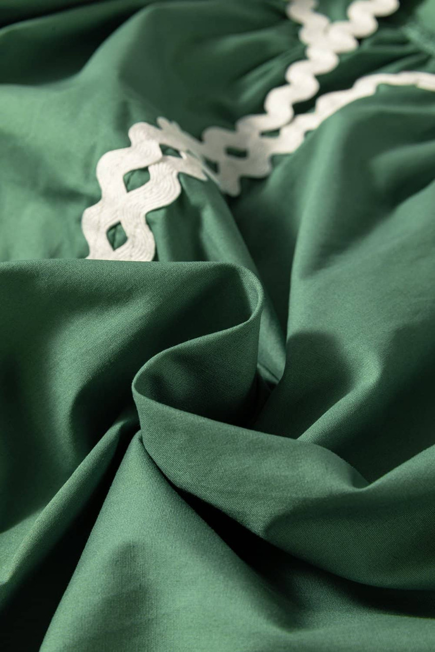 Mist Green Ric Rac Trim Tie Split Neck Short Sleeve Blouse Mist Green Ric Rac Trim Tie Split Neck Short Sleeve Blouse