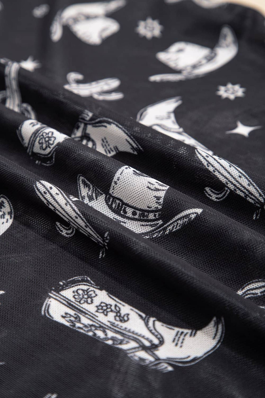 Black Western Pattern Mesh Sheer Crew Neck T Shirt