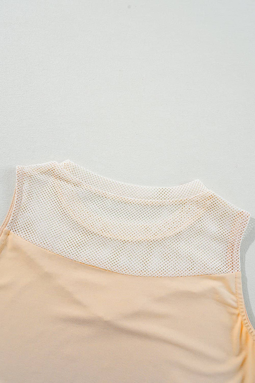 Oatmeal Solid Mesh Patchwork Crew Neck Tank Top