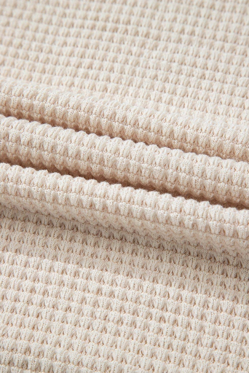 Pale Khaki Solid Color Textured Seamed Short Sleeve Top