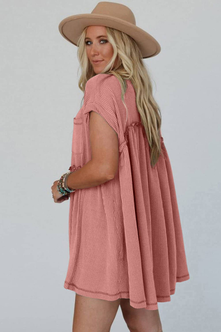 Dusty Pink Corded Knit Textured Patched Pocket Frilled Swing Mini Dress with Pockets