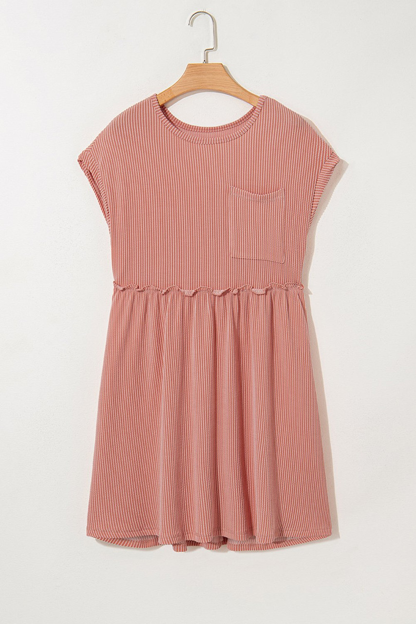 Dusty Pink Corded Knit Textured Patched Pocket Frilled Swing Mini Dress with Pockets