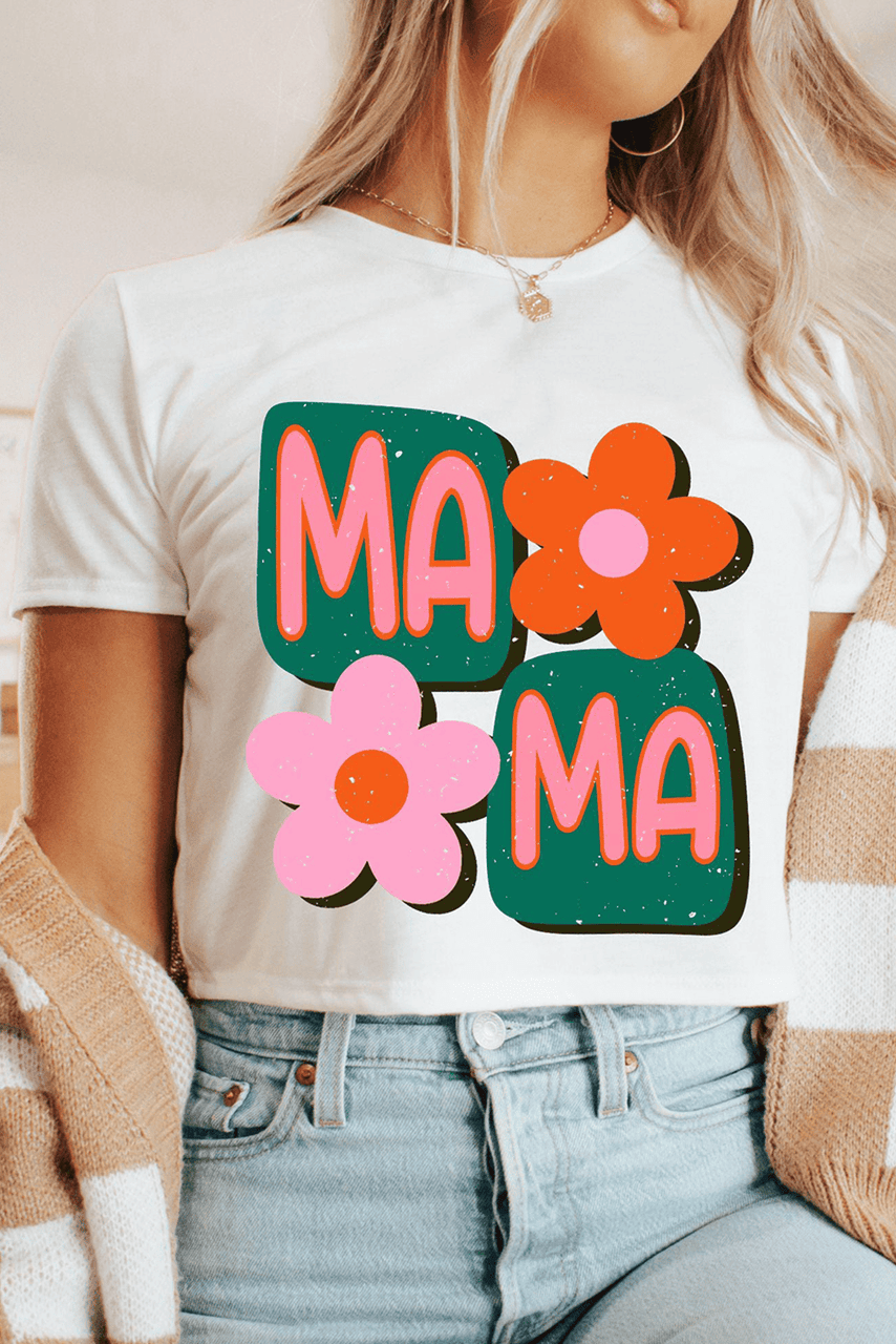White MAMA Flower Graphic Crewneck Tee