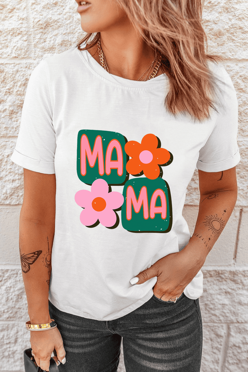 White MAMA Flower Graphic Crewneck Tee