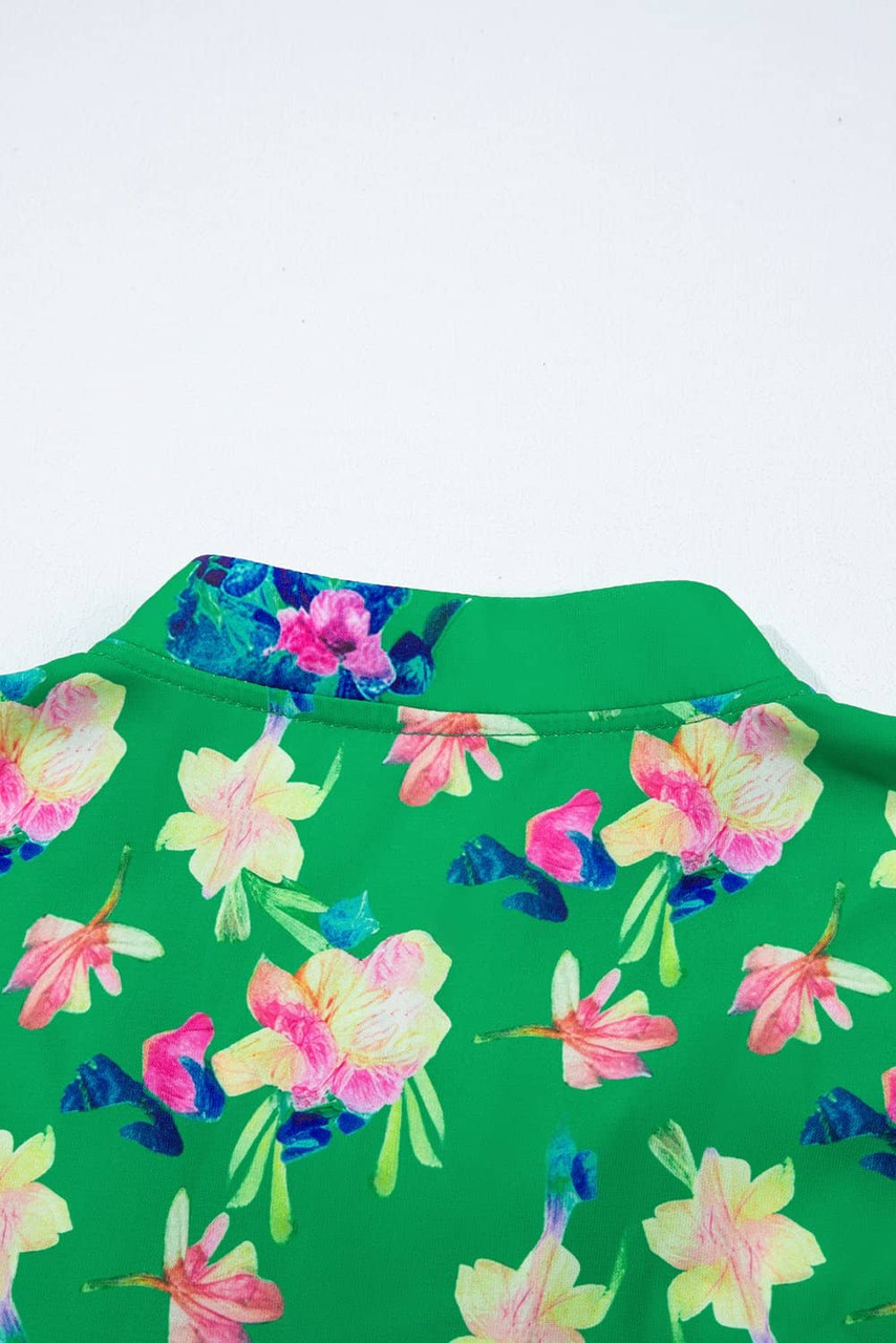 Green Floral Detail Tie Split Neck Short Sleeve Blouse Green Floral Detail Tie Split Neck Short Sleeve Blouse