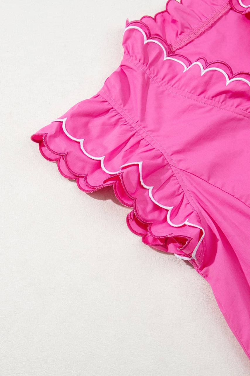 Bright Pink Contrast Scallop Trim Layered Short Sleeve V Neck Blouse Bright Pink Contrast Scallop Trim Layered Short Sleeve V Neck Blouse