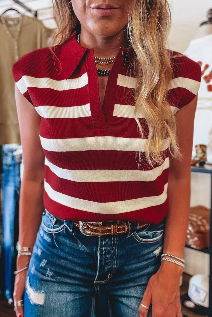 Red Stripe Collared Split Neck Sweater Vest
