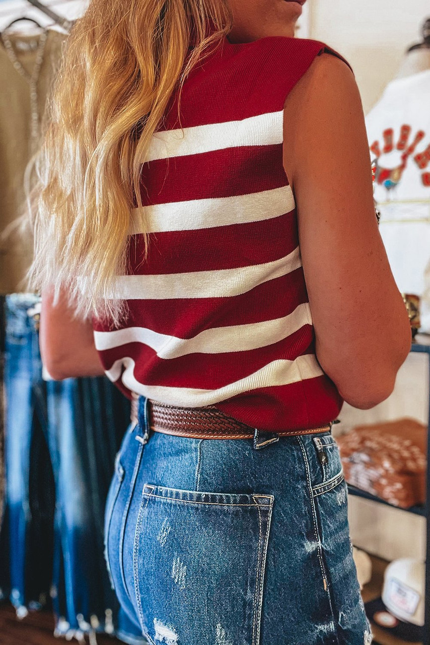Red Stripe Collared Split Neck Sweater Vest