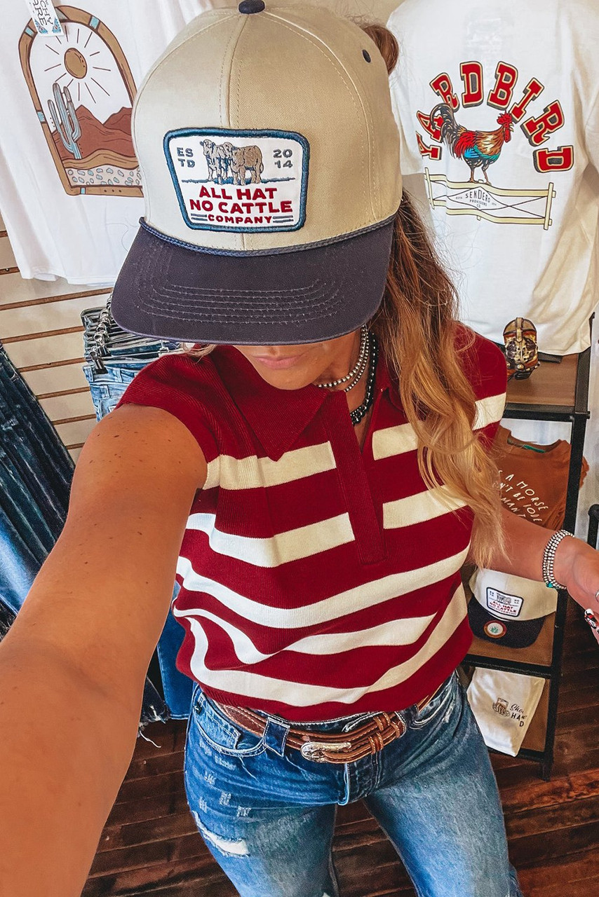 Red Stripe Collared Split Neck Sweater Vest