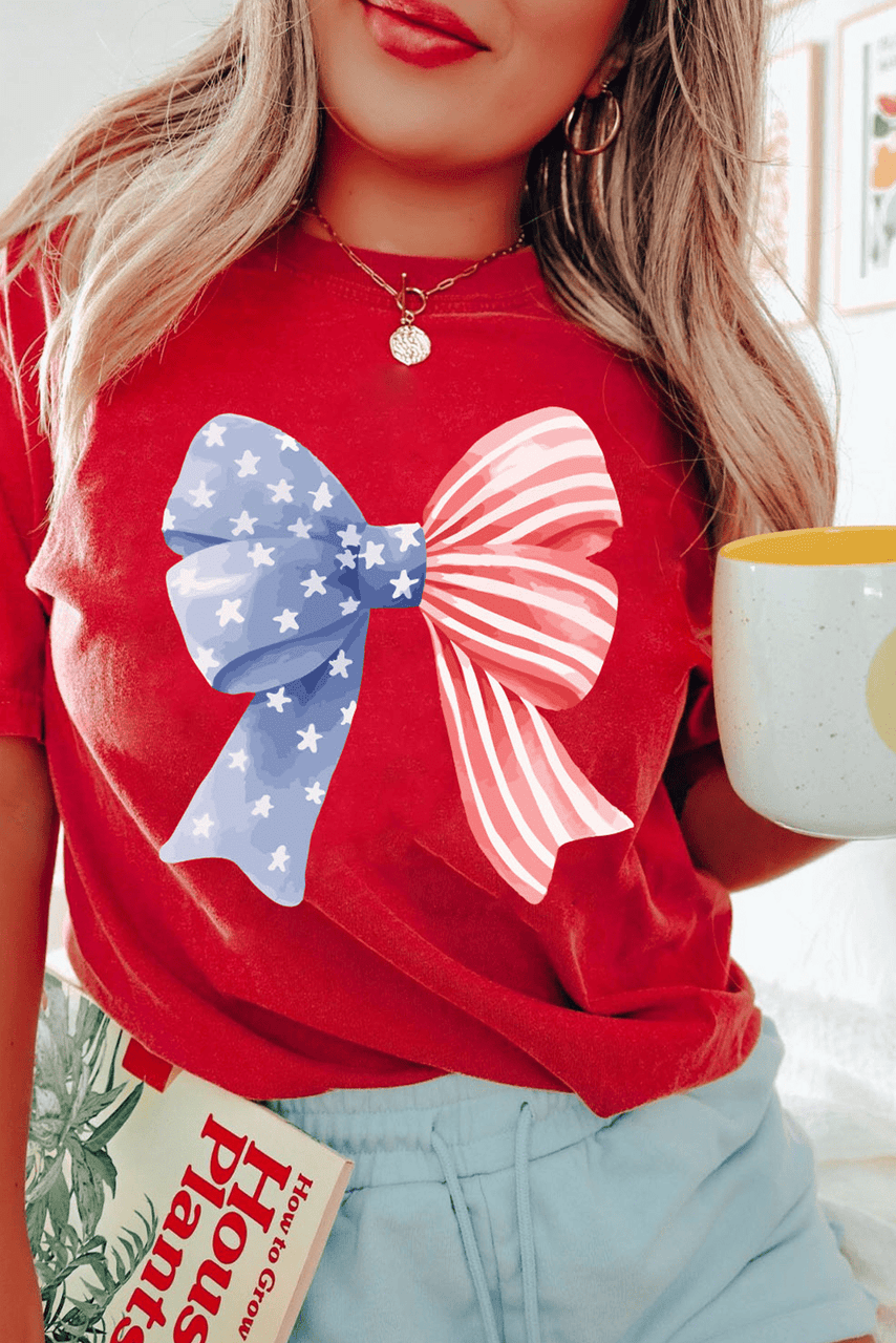 Red Stars and Stripes Bow Print Independence Day T Shirt Red Stars and Stripes Bow Print Independence Day T Shirt