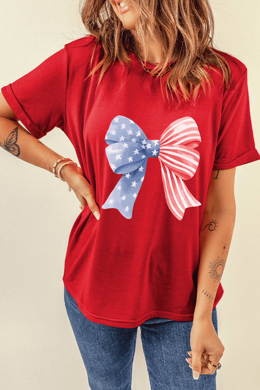 Red Stars and Stripes Bow Print Independence Day T Shirt Red Stars and Stripes Bow Print Independence Day T Shirt