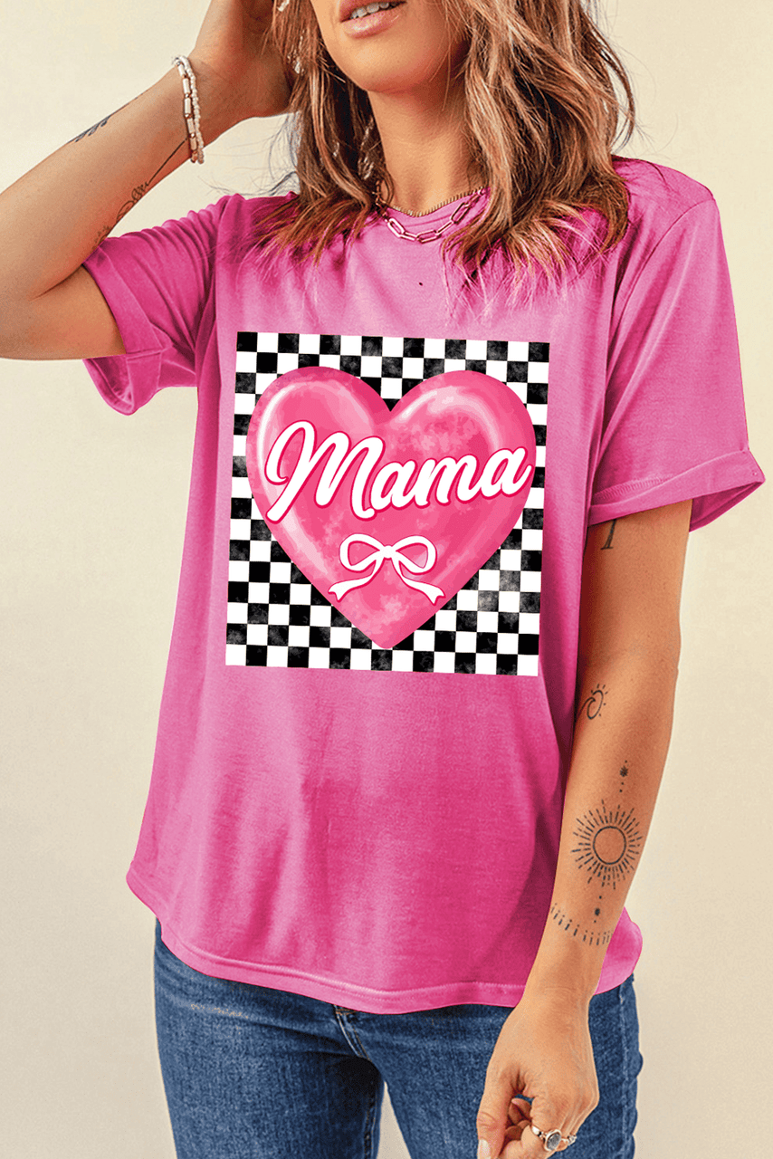 Sachet Pink Checkered Heart Pattern mama Bow Graphic Tee Sachet Pink Checkered Heart Pattern mama Bow Graphic Tee