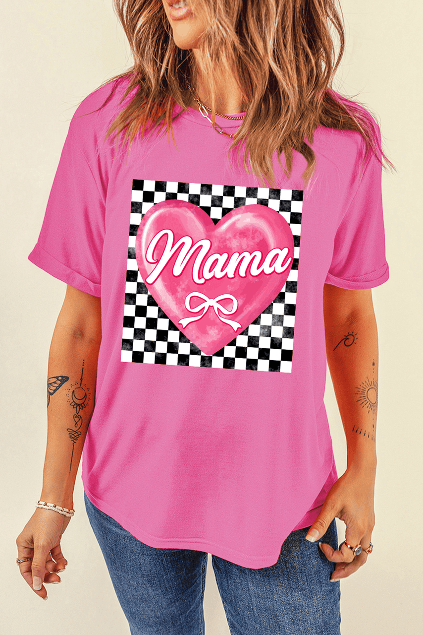 Sachet Pink Checkered Heart Pattern mama Bow Graphic Tee Sachet Pink Checkered Heart Pattern mama Bow Graphic Tee