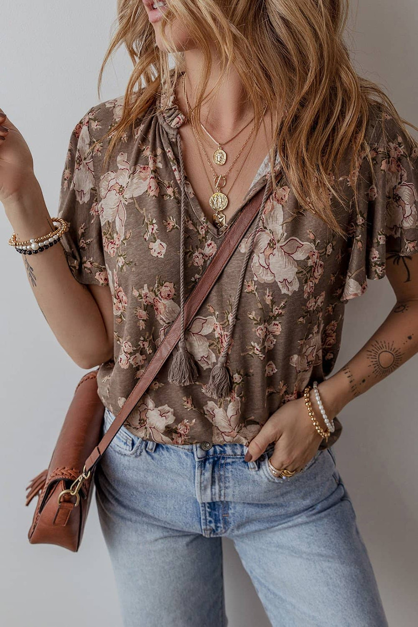 Khaki Retro Floral Print Tassel Tie Split Neck Short Sleeve Blouse Khaki Retro Floral Print Tassel Tie Split Neck Short Sleeve Blouse
