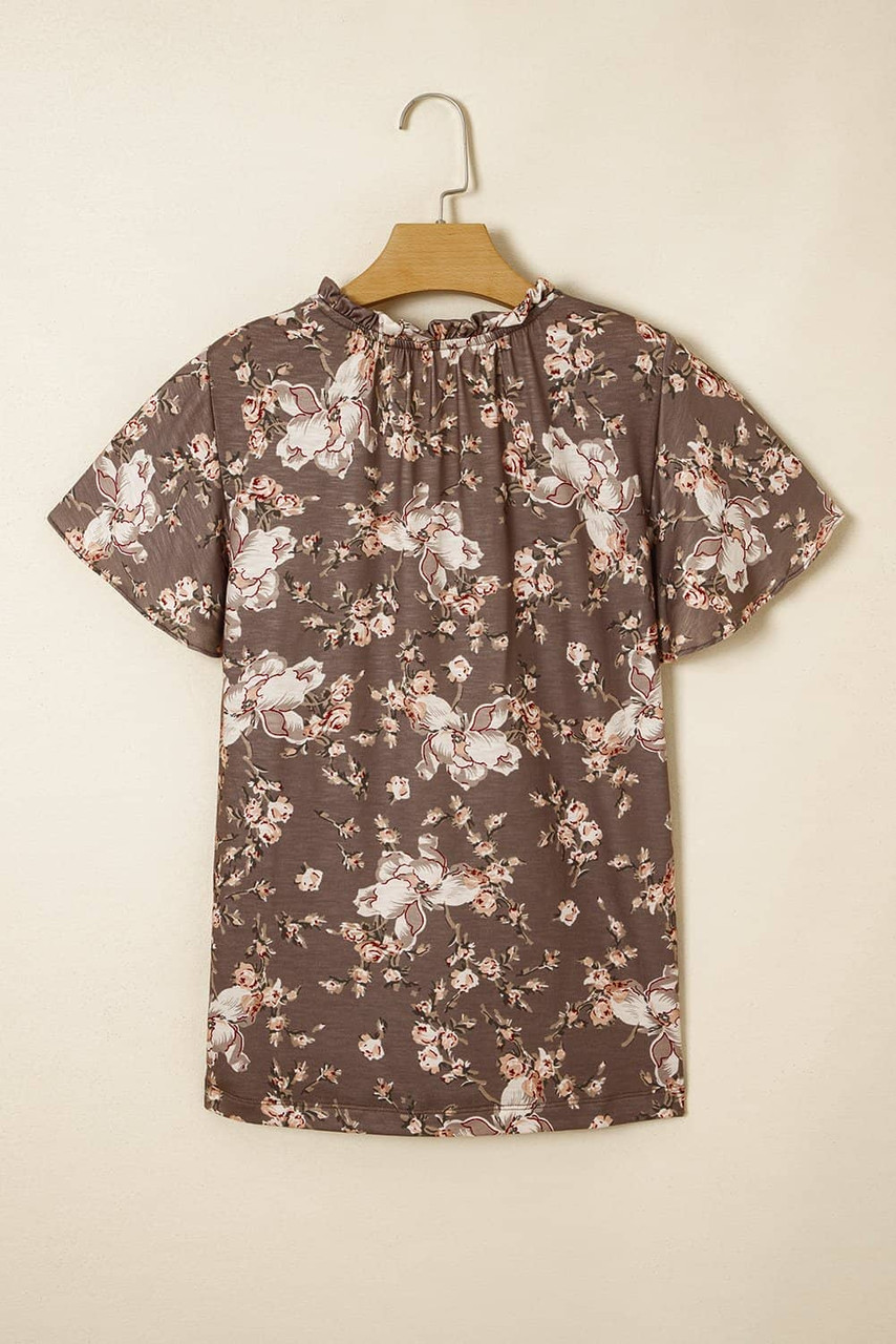 Khaki Retro Floral Print Tassel Tie Split Neck Short Sleeve Blouse Khaki Retro Floral Print Tassel Tie Split Neck Short Sleeve Blouse