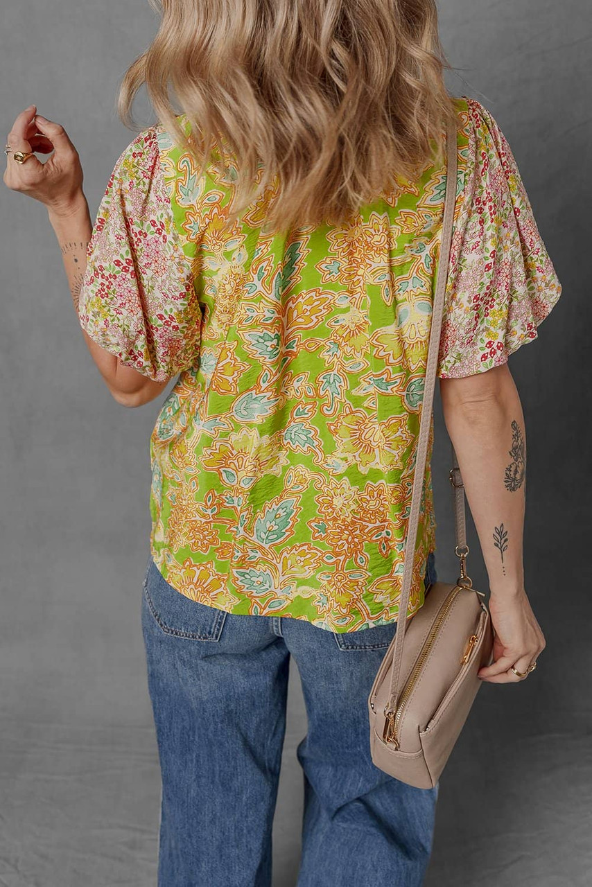 Multicolour Printed Contrast Bubble Sleeve Patchwork Blouse Multicolour Printed Contrast Bubble Sleeve Patchwork Blouse