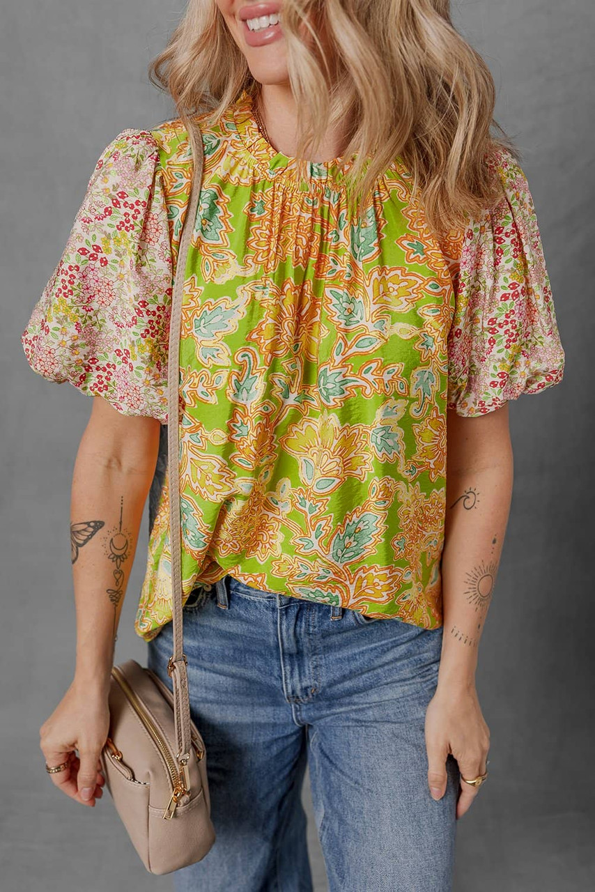 Multicolour Printed Contrast Bubble Sleeve Patchwork Blouse Multicolour Printed Contrast Bubble Sleeve Patchwork Blouse
