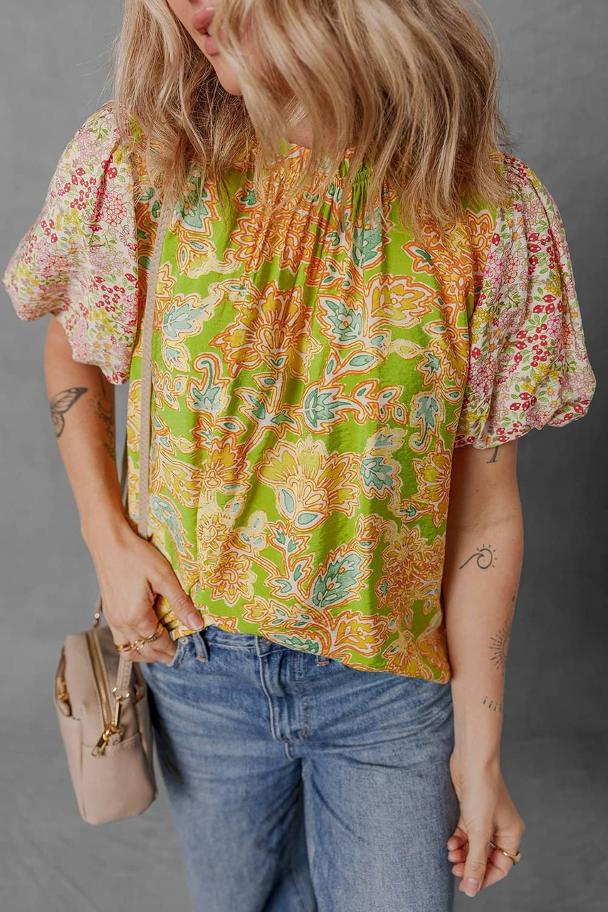 Multicolour Printed Contrast Bubble Sleeve Patchwork Blouse Multicolour Printed Contrast Bubble Sleeve Patchwork Blouse