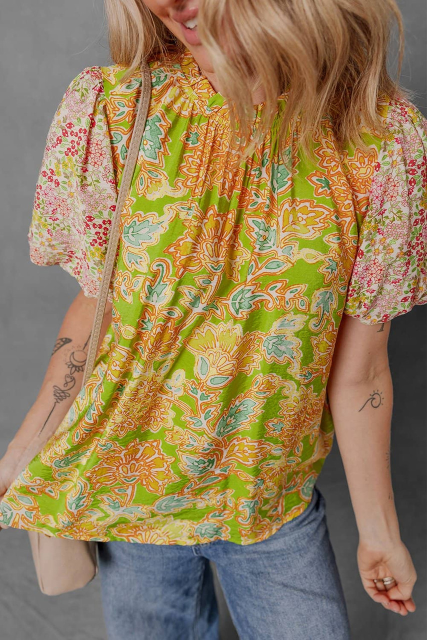 Multicolour Printed Contrast Bubble Sleeve Patchwork Blouse Multicolour Printed Contrast Bubble Sleeve Patchwork Blouse